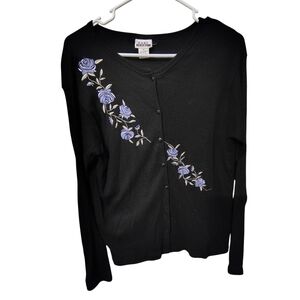 Vintage Y2K Fast Lane Women's Size Medium Black Cardigan With Rose Embroidery